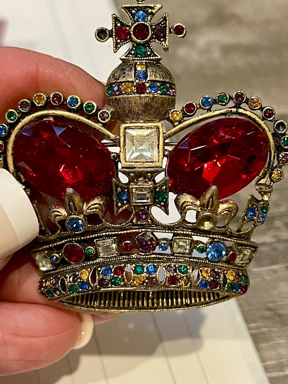Vintage Crown Statement Brooch with Red Jewel Accents